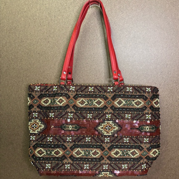 Christiana Beaded Tote Bag Red Strap Boho Vintage Purse Made in India - Picture 1 of 7